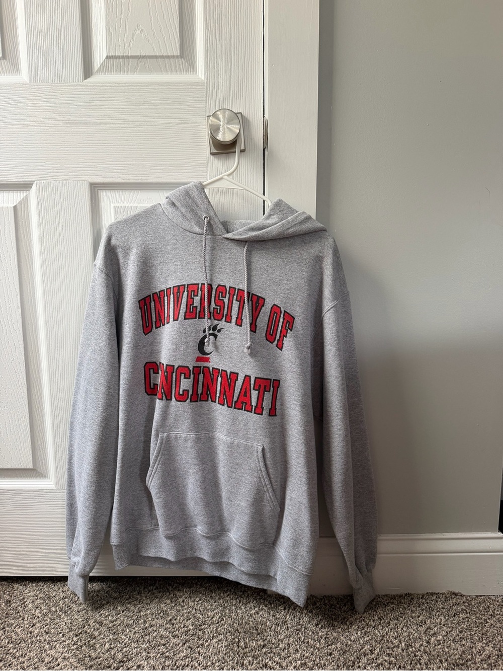 Champion Gray Hoodie with Red University of Cincinnati Logo